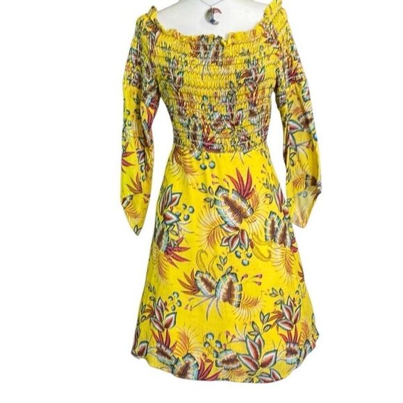 Farm Rio Anthropologie Bria Floral Smocked Off Shoulder Mini Dress Size L  Boho